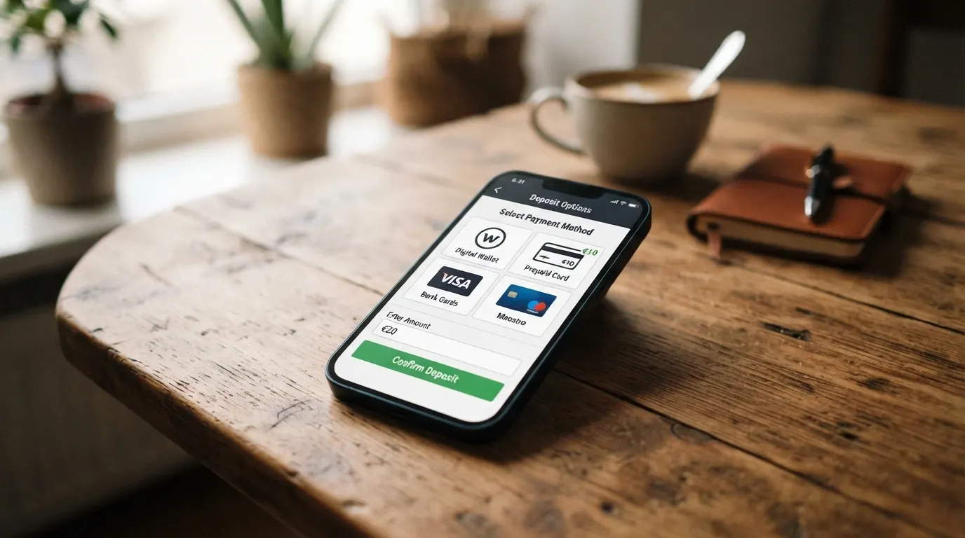 Le icone dei metodi di pagamento PayPal, Postepay, Paysafecard, Visa e Mastercard disposte accanto a uno smartphone che mostra un'interfaccia di deposito casinò