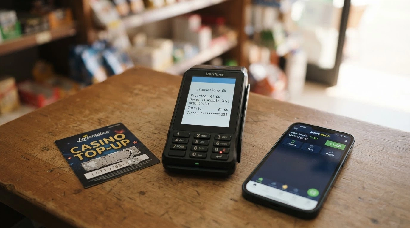 Un terminale di pagamento di un punto vendita con una ricevuta di ricarica, affiancato da una scratch card e uno smartphone con l'app di un casinò ADM