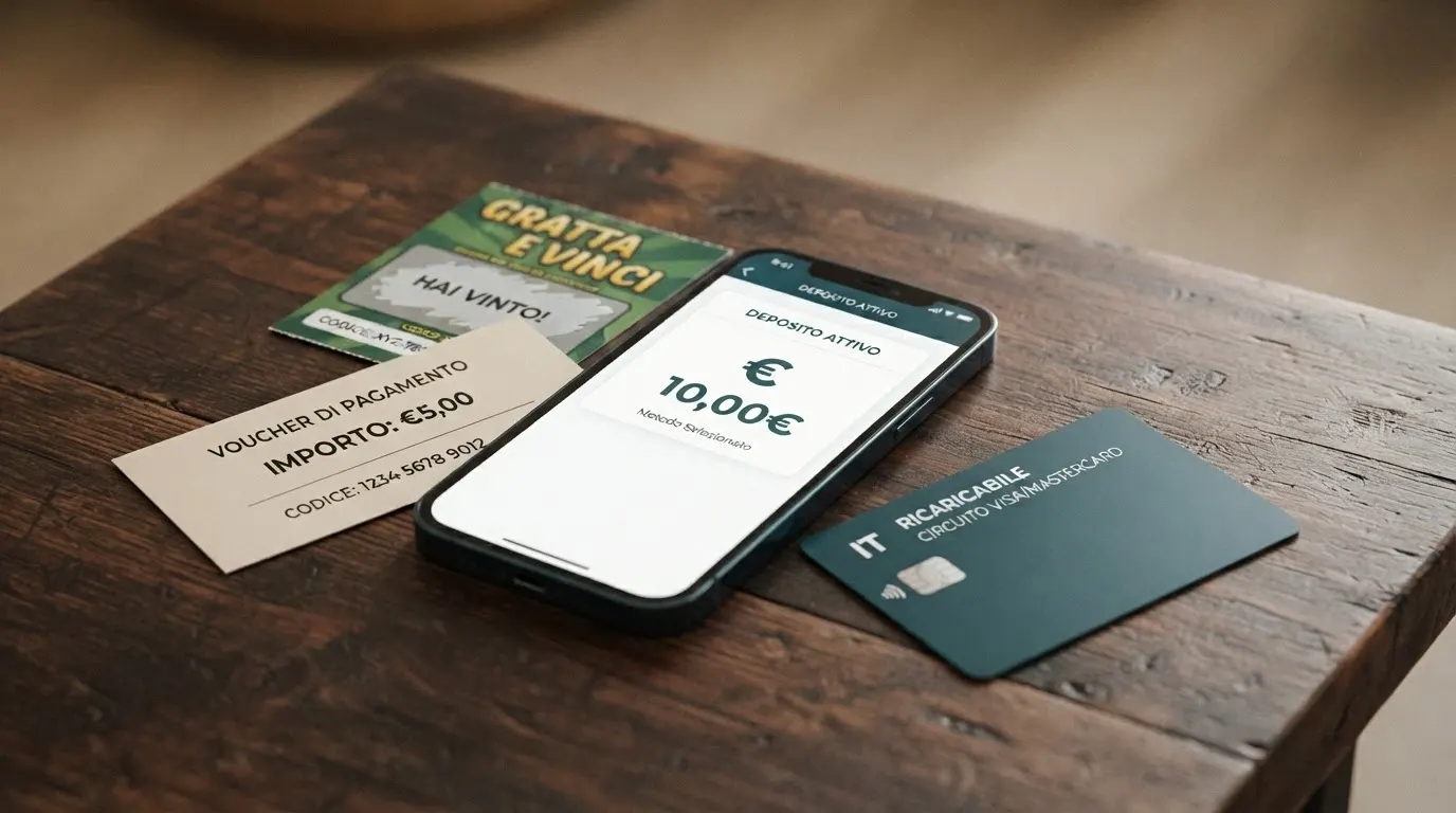 Una mano appoggia su un tavolo una carta Postepay, uno smartphone con il logo PayPal, un voucher OnShop e una Scratch Card