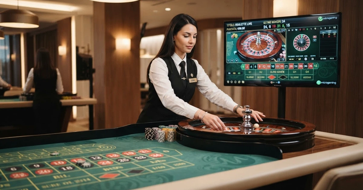 Un tavolo da roulette dal vivo con croupier in uniforme, sullo sfondo il logo Microgaming e l'interfaccia di gioco in italiano su un monitor