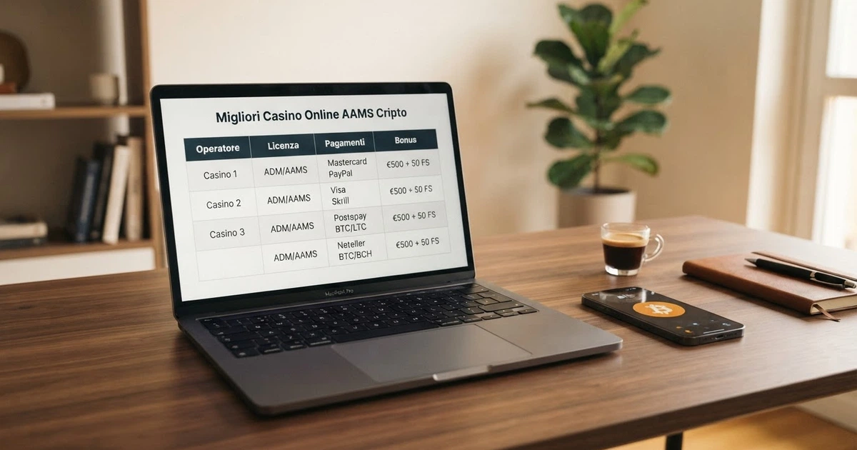 Uno schermo di laptop mostra una tabella comparativa di casinò online con loghi di operatori e icone di criptovalute, affiancato da uno smartphone con il simbolo di Bitcoin Cash in evidenza