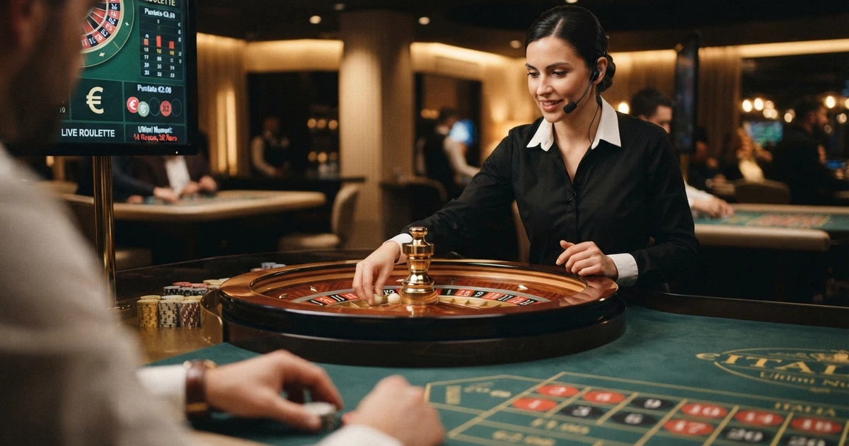 Un tavolo da casinò live con croupier in carne e ossa ripreso in streaming HD, interfaccia di puntata visibile sullo schermo