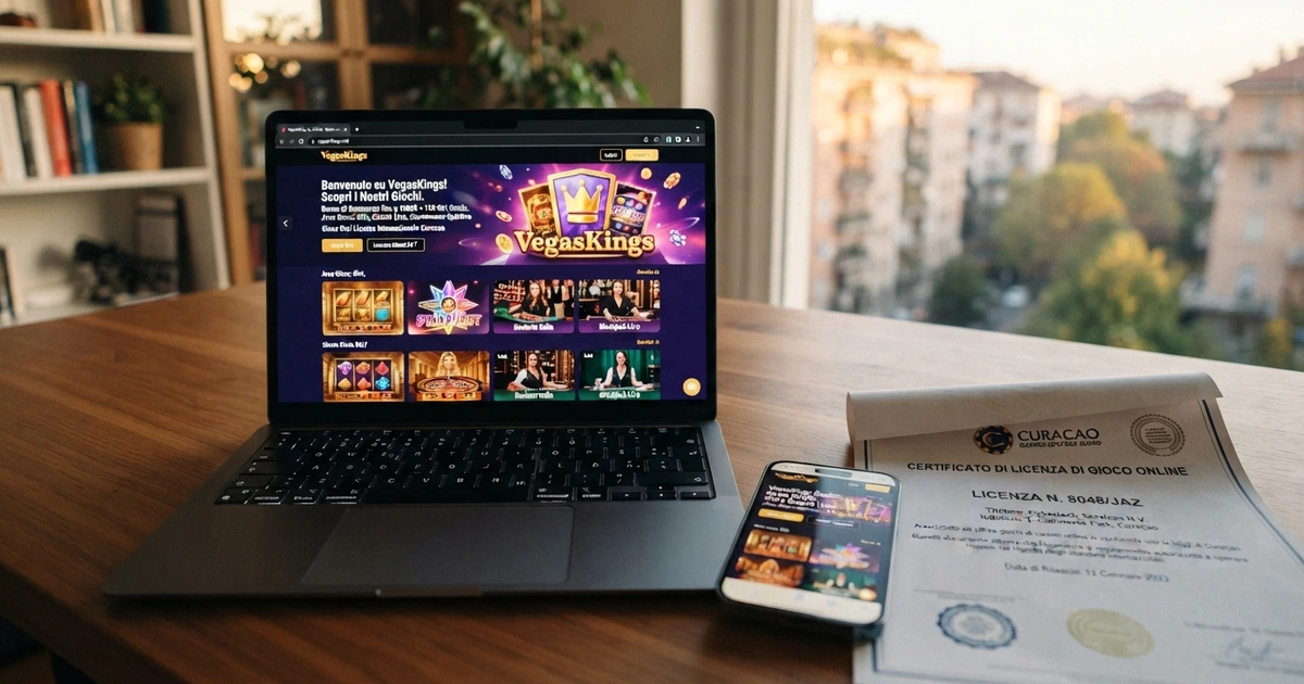Laptop aperto sulla homepage di un casinò online con licenza internazionale, affiancato da uno smartphone con la stessa schermata e un documento che richiama una licenza estera