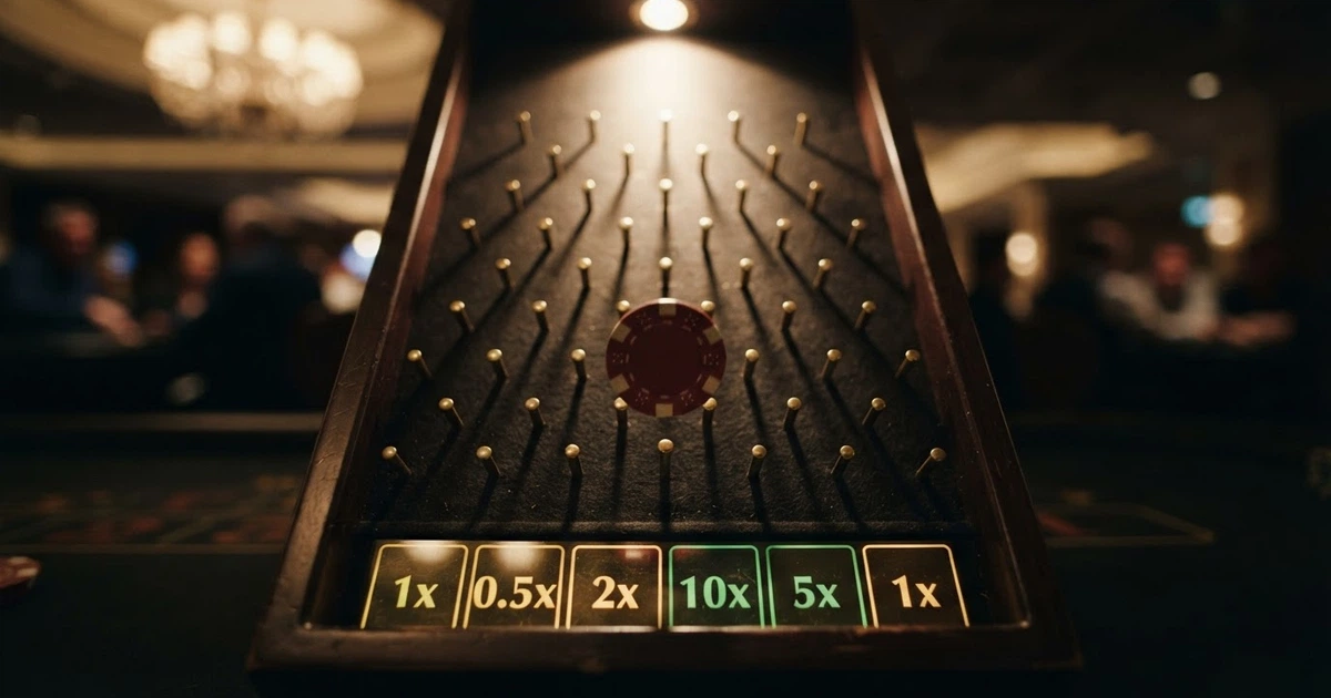Un tabellone Plinko a pioli con una pallina in caduta, caselle moltiplicatrici illuminate nella parte inferiore, su sfondo scuro da casinò