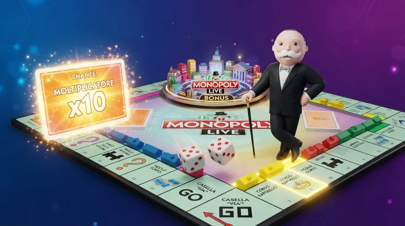 Mr. Monopoly sul tabellone tridimensionale durante il round bonus con le caselle, i dadi e i moltiplicatori