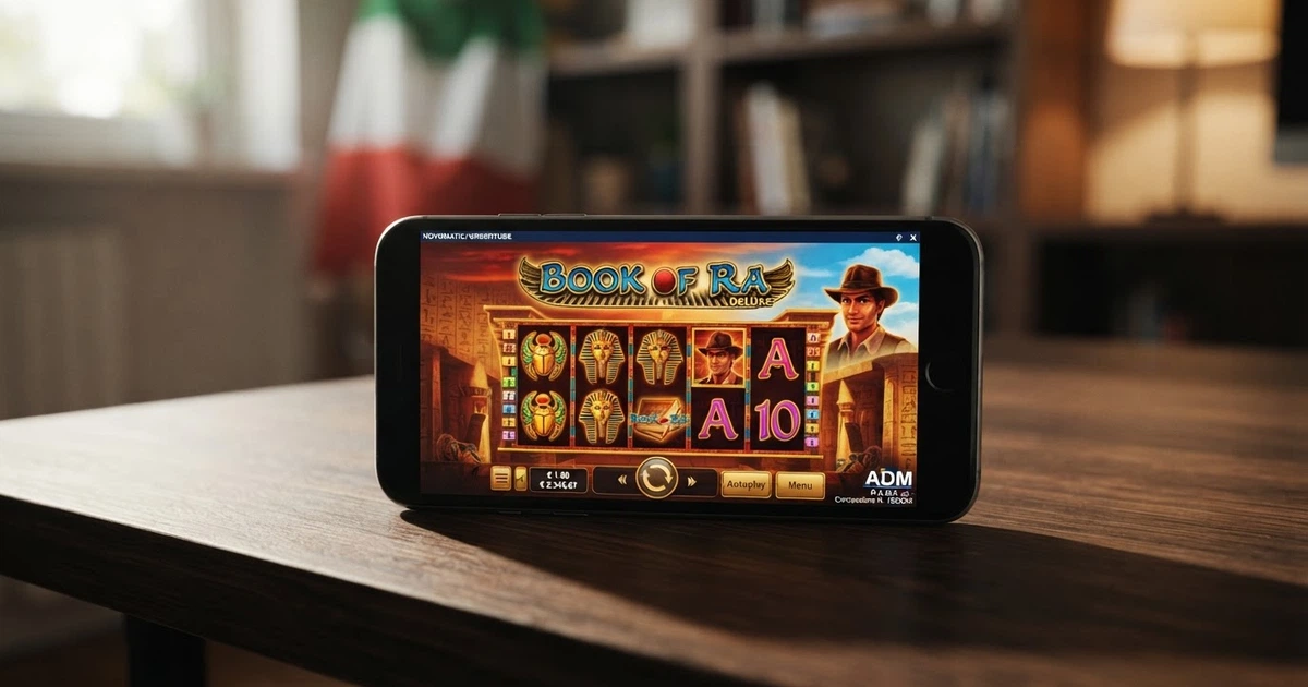 Schermata di un casinò online con slot Novomatic in primo piano e logo concessione ADM visibile