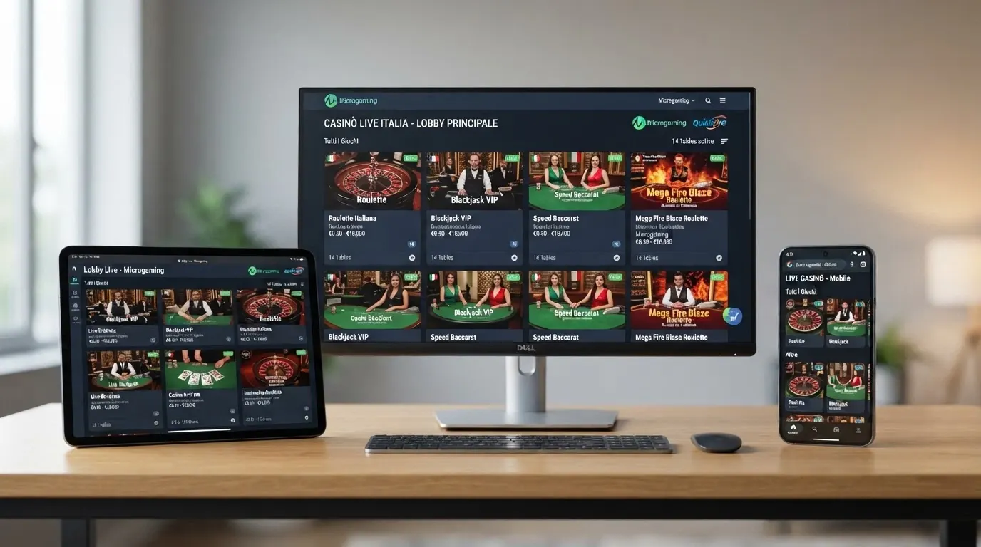 Una schermata di confronto tra le interfacce di tre casinò ADM con giochi live Microgaming aperti su desktop e mobile, con i loghi dei concessionari visibili