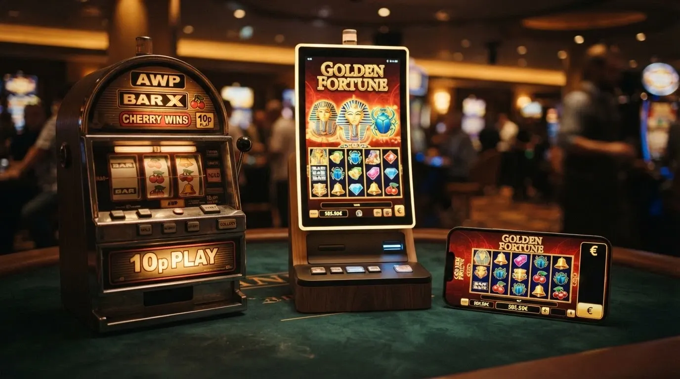Tre dispositivi di gioco affiancati: una slot da bar AWP, un terminale VLT e uno smartphone con una slot online