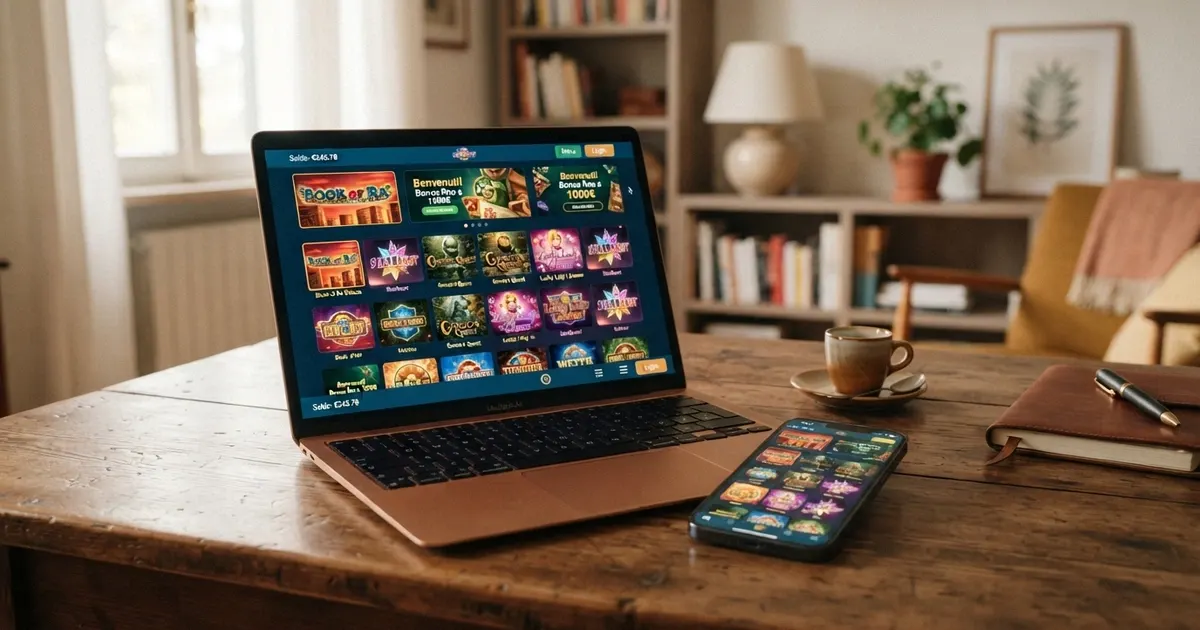 Uno schermo di computer e uno smartphone che mostrano la lobby di un casinò online con le slot Play'n GO in evidenza, il logo del provider svedese e l'interfaccia di gioco di una slot