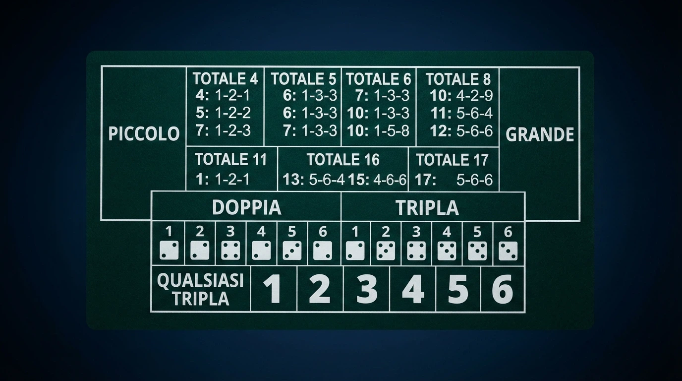 Il pannello delle puntate del Sic Bo con le aree Piccolo, Grande, Totali, Combinazioni e Triple evidenziate