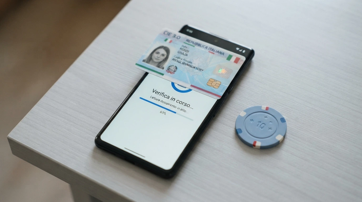 Uno smartphone con l'app CieID in primo piano e una CIE appoggiata sul sensore NFC posteriore, con la schermata di verifica in corso