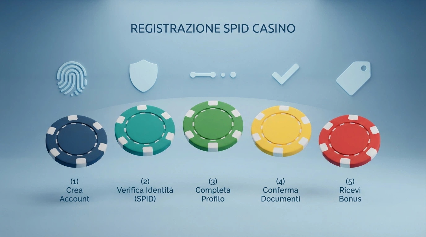 Schema visivo dei cinque passaggi della registrazione SPID con icone per identity provider, token crittografato e bonus accreditato