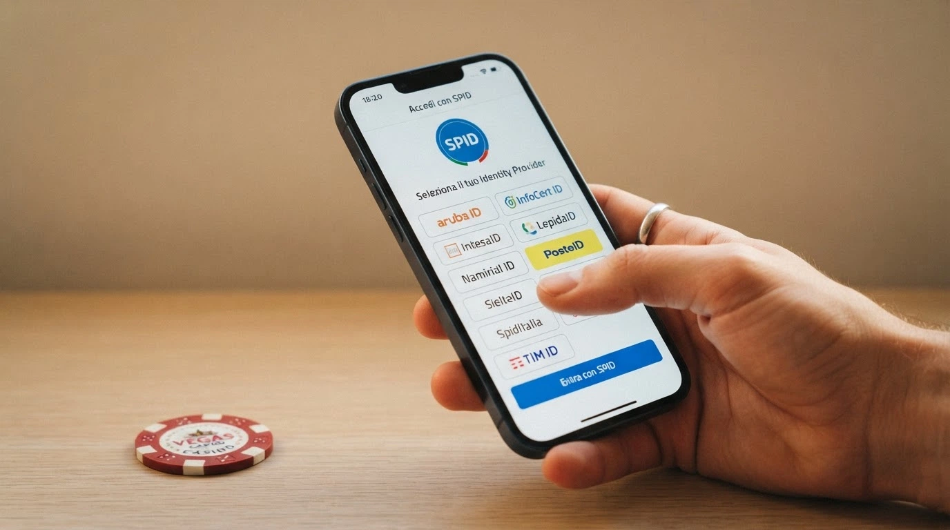 Una mano che tiene uno smartphone con la schermata di login SPID aperta, accanto alla scritta «Accedi con SPID» e l'icona del casinò