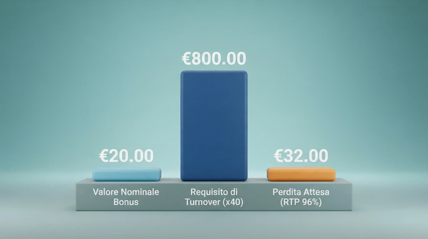 Un confronto visivo tra il valore nominale di un bonus senza deposito e il valore reale dopo i requisiti di puntata, con una formula semplificata del turnover