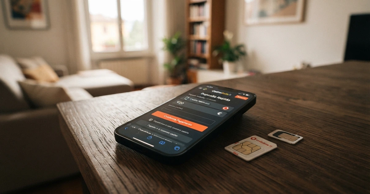 Uno smartphone con lo schermo che mostra l'interfaccia di deposito di un casinò online, accanto a una carta SIM appoggiata su un tavolo