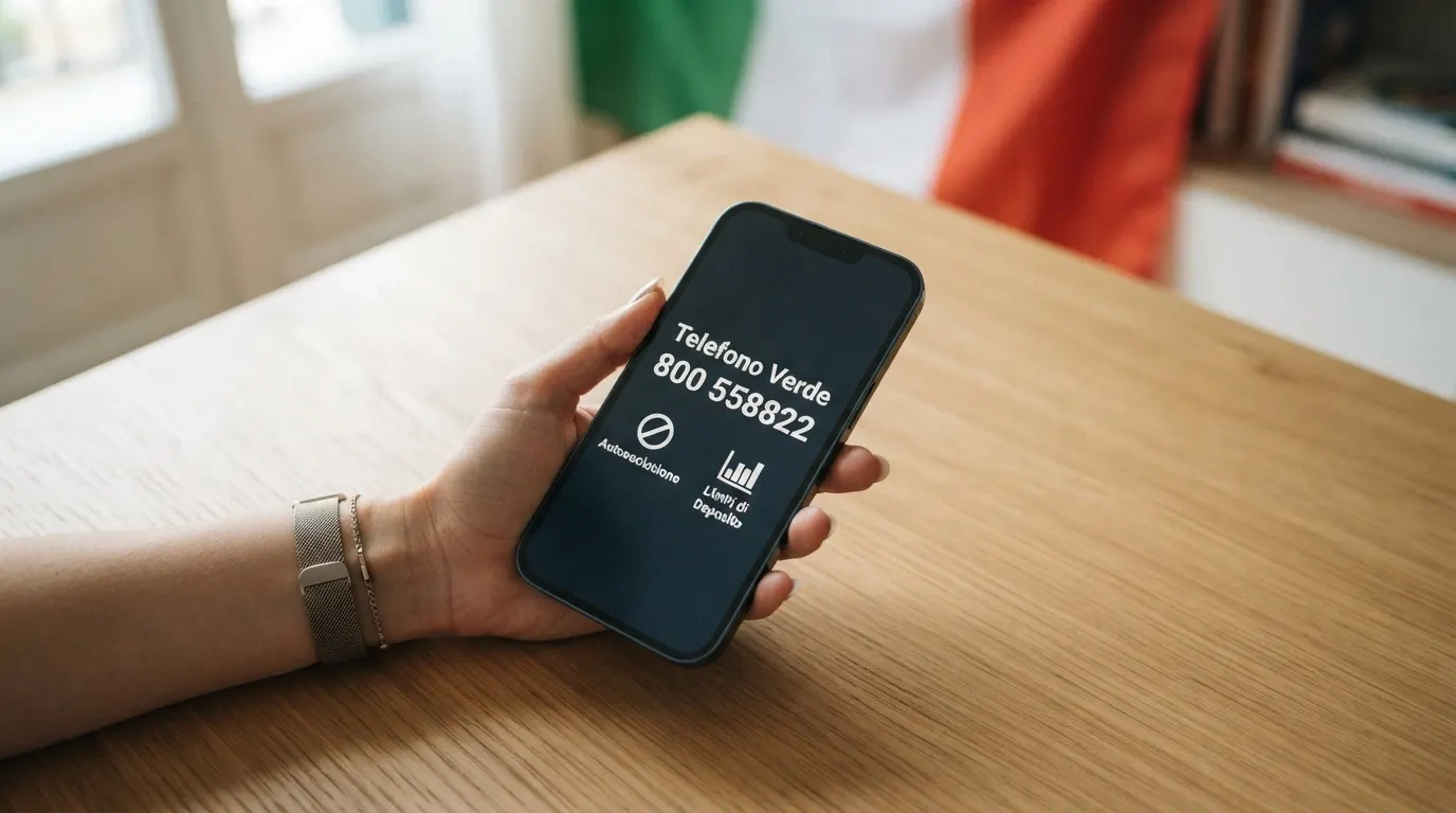 Il logo del Telefono Verde contro il gioco d'azzardo (800 558822) e icone di autoesclusione e limiti di deposito