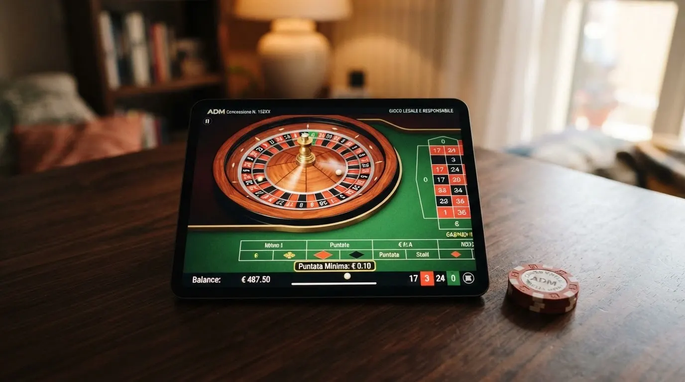 Un tavolo di roulette virtuale su piattaforma ADM con l'interfaccia di puntata aperta e l'importo minimo di 10 centesimi evidenziato