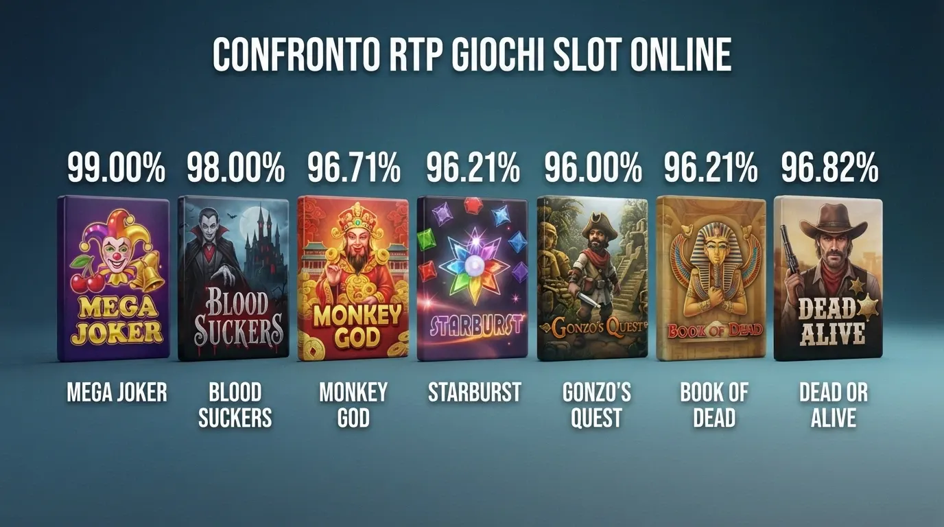 Schermata comparativa con le copertine di sette slot machine online affiancate e le rispettive percentuali RTP in evidenza sopra ciascuna