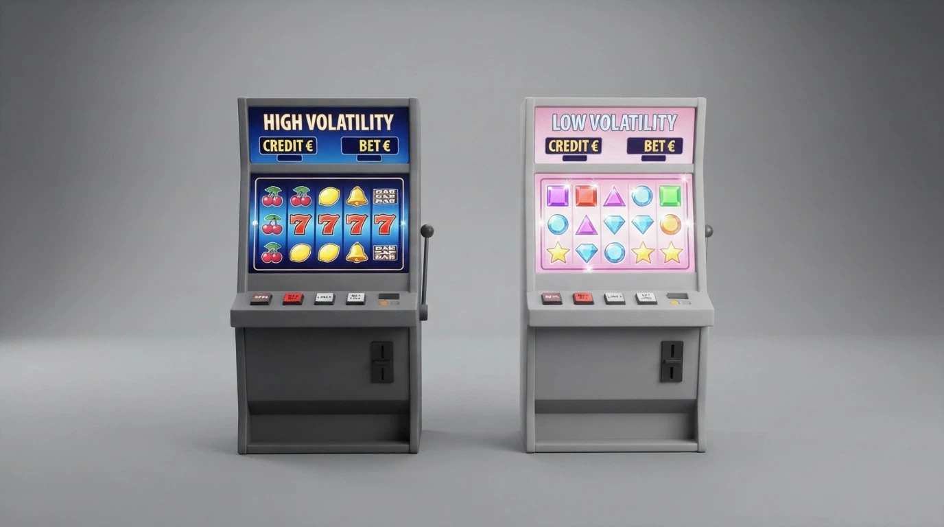 Un confronto visivo tra due schede tecniche di slot online — una con RTP 99% e volatilità alta, l'altra con RTP 96% e volatilità bassa — con i rispettivi moltiplicatori di vincita massima evidenziati