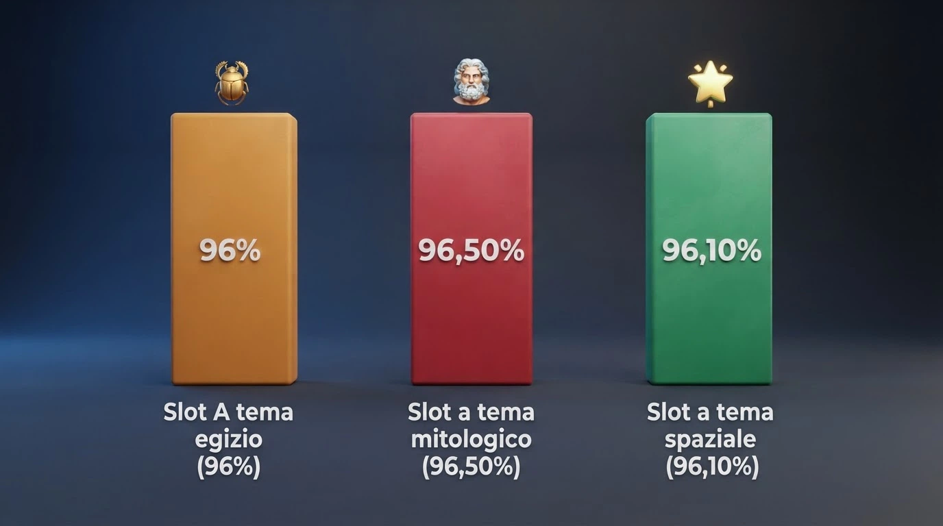 Un grafico comparativo stilizzato che mostra tre barre con i valori RTP di Book of Ra (96%), Gates of Olympus (96,50%) e Starburst (96,10%)