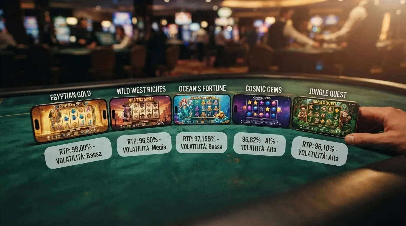 Le schermate di cinque slot machine online affiancate con l'indicazione del valore RTP e della volatilità in sovraimpressione su ciascuna