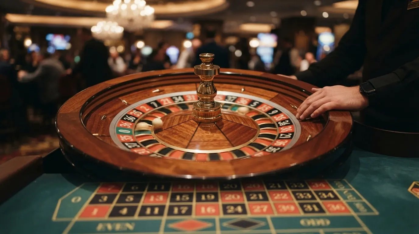 Primo piano della ruota della roulette europea a singolo zero durante un giro dal vivo, con la pallina in movimento e il tavolo delle puntate visibile sullo sfondo