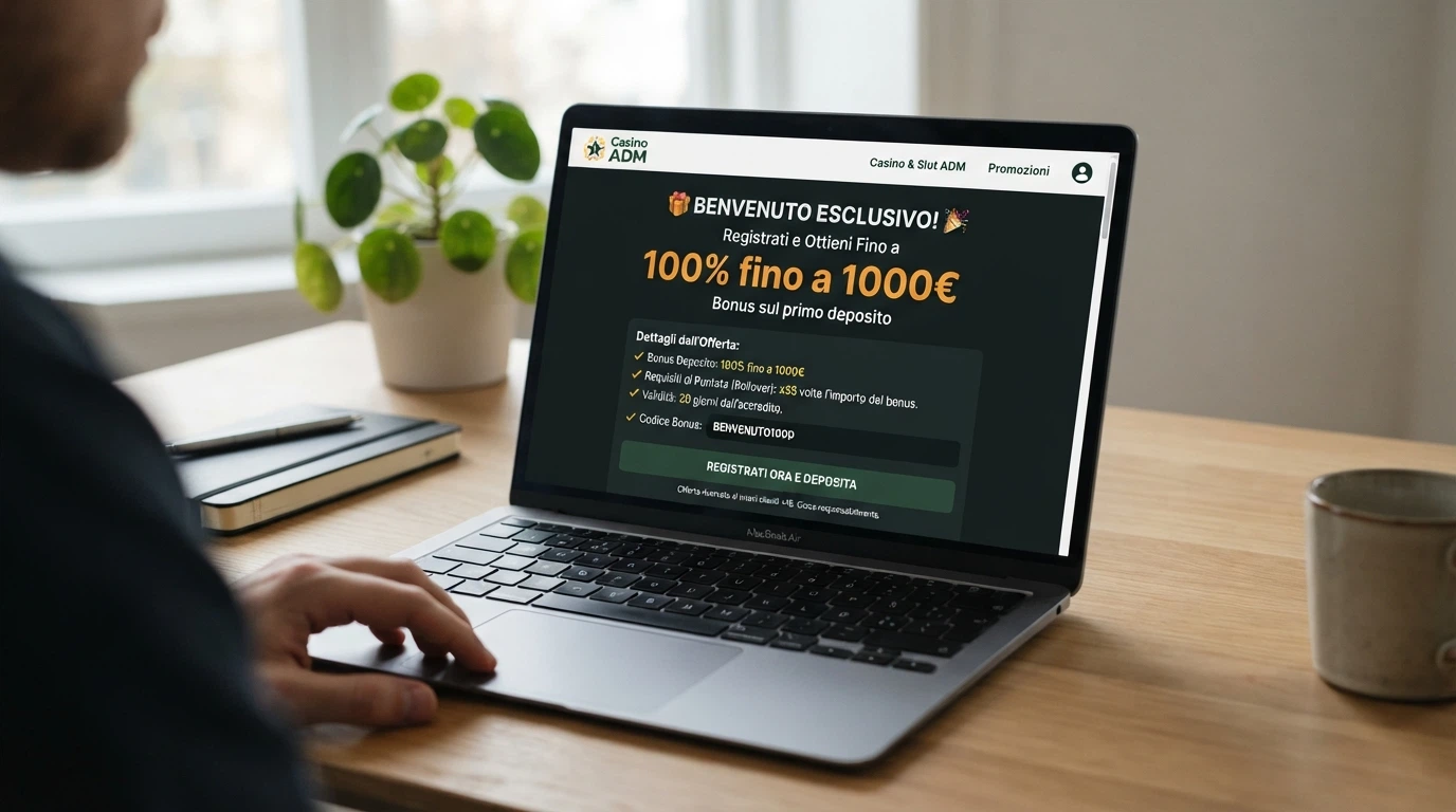 Interfaccia di un'area promozioni di un casino ADM con dettagli su bonus di benvenuto, rollover e termini di utilizzo