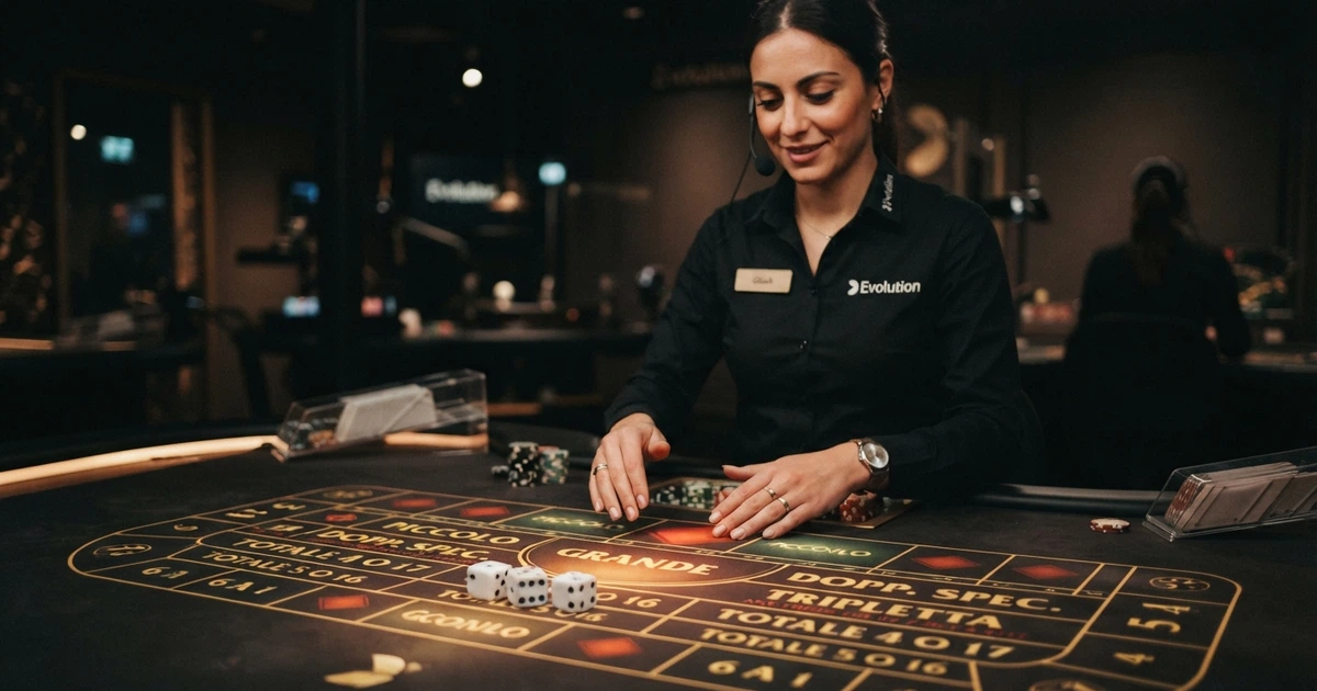 Un tavolo da Sic Bo live con croupier inquadrato di fronte al pannello delle puntate, tre dadi in primo piano
