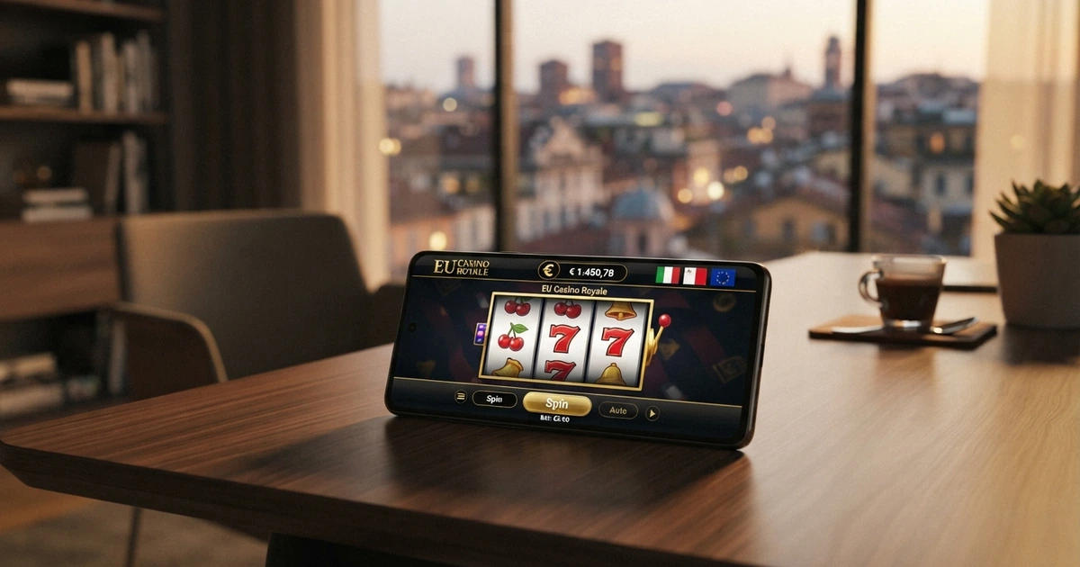 Una schermata di casinò online con licenze europee visibili, bandiere UE e simboli di sicurezza