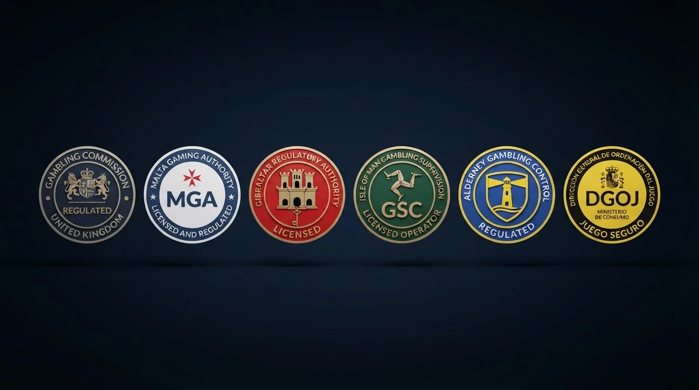 I sigilli ufficiali delle autorità di licenza: ADM, Malta Gaming Authority, Curaçao eGaming e Anjouan, disposti in ordine di tutela del giocatore.