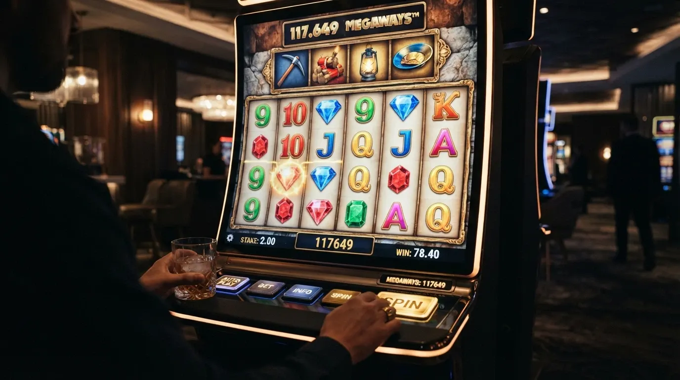 I rulli della slot Bonanza Megaways con i simboli colorati di gemme e il cartello «117.649 Megaways» in alto