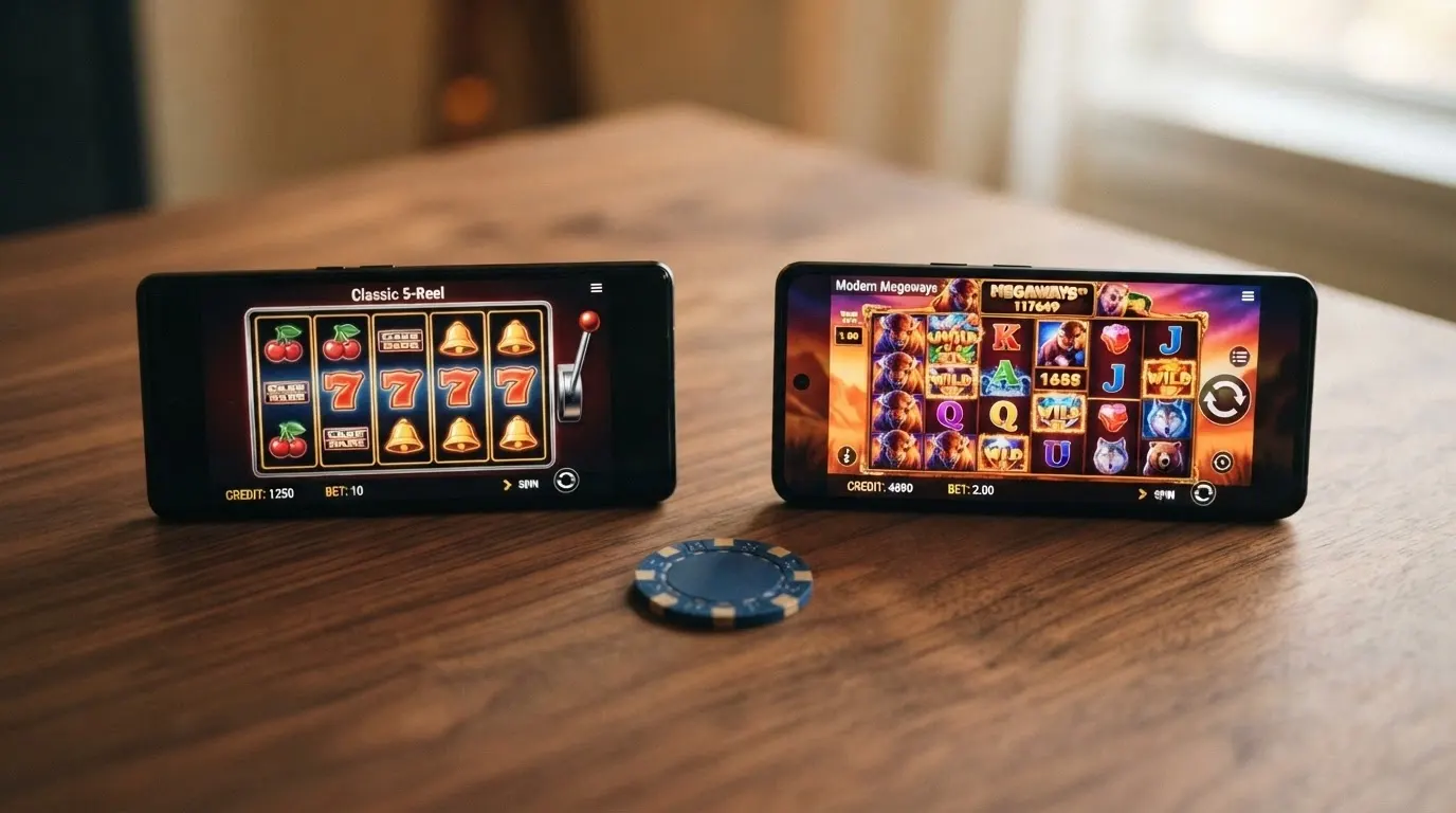 Schermata di una slot machine online in stile americano con rulli colorati, simboli a tema Las Vegas e il pannello delle puntate visibile, affiancata dallo schermo di una slot moderna Megaways.