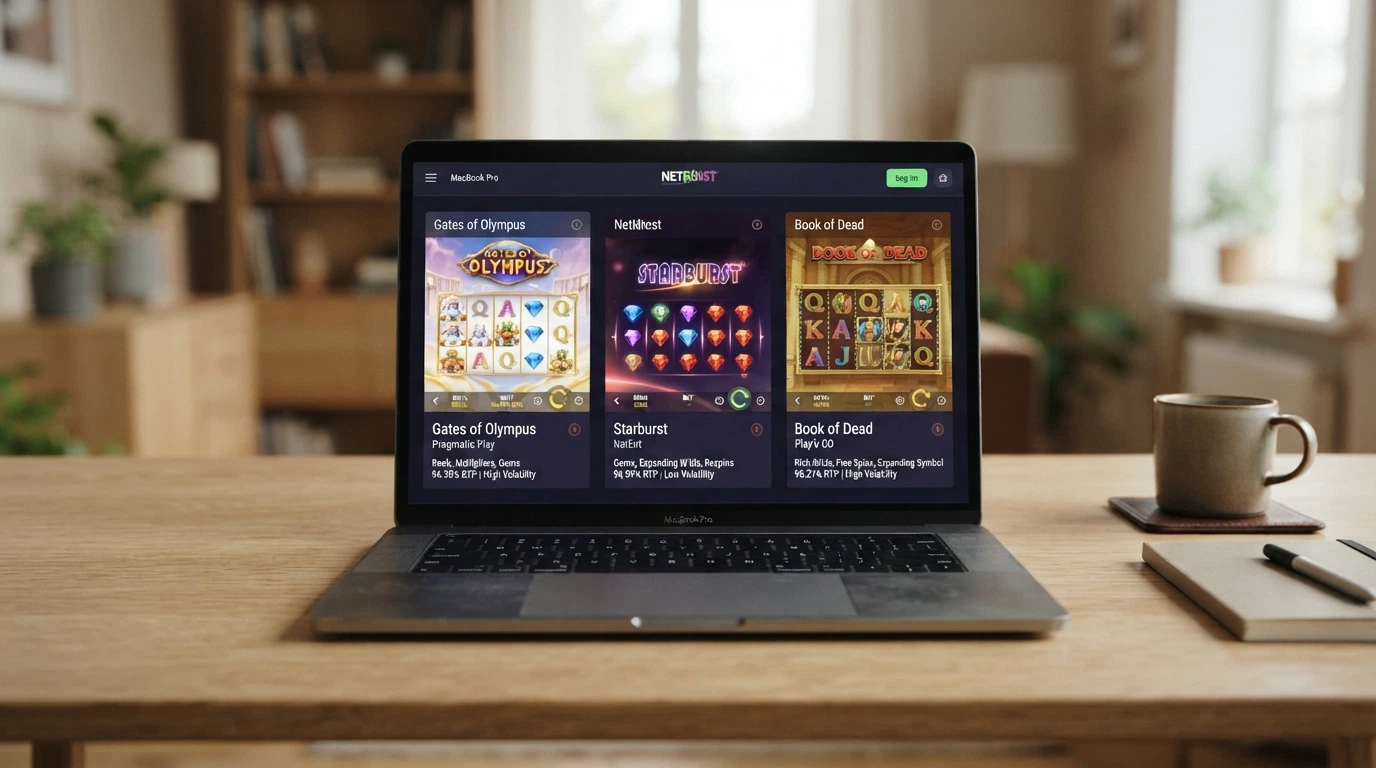 Tre slot machine affiancate sullo schermo — Gates of Olympus, Starburst e Book of Dead — con i rispettivi valori di RTP e volatilità in sovraimpressione