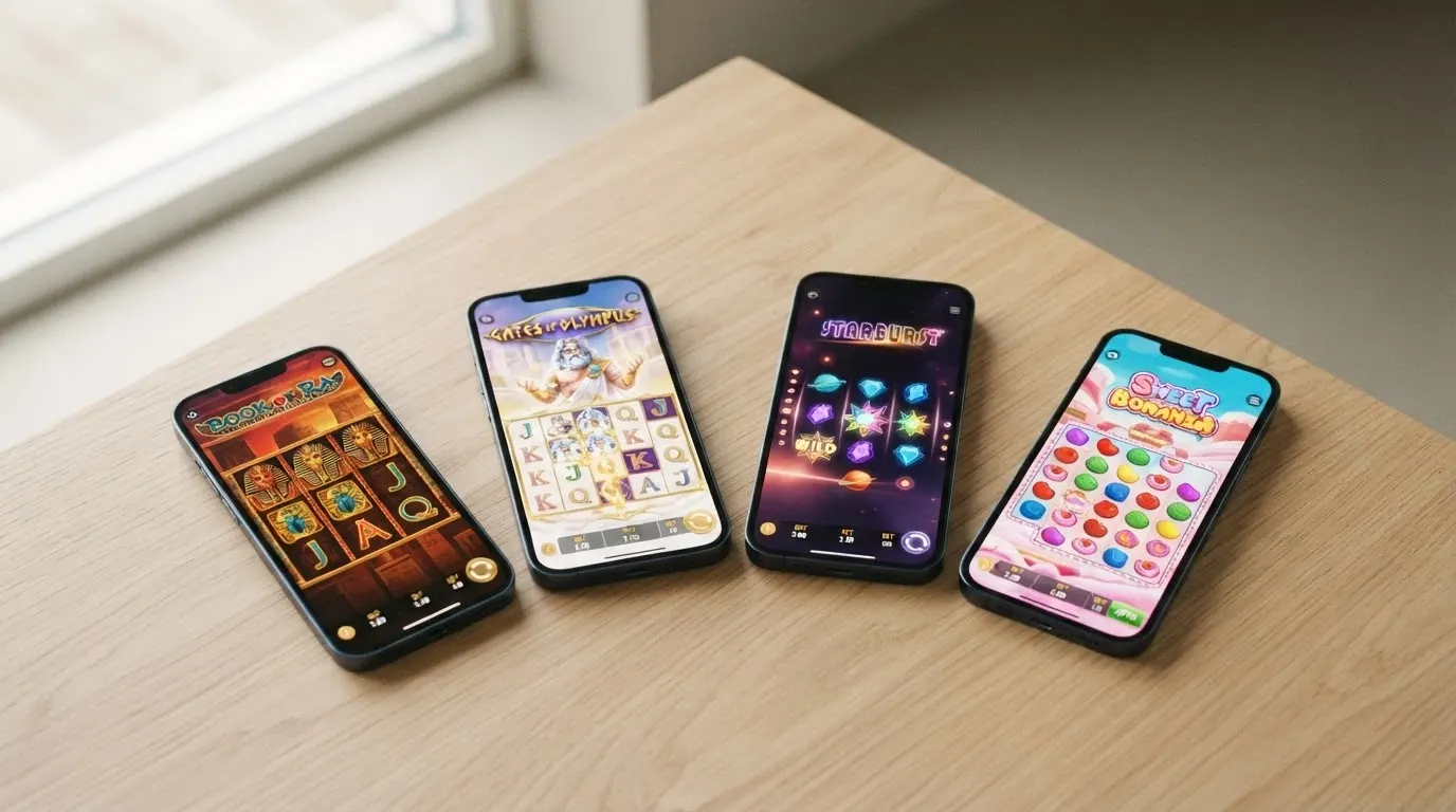 Schermata di quattro slot machine affiancate — Book of Ra, Gates of Olympus, Starburst e Sweet Bonanza — con i loro rulli e simboli caratteristici