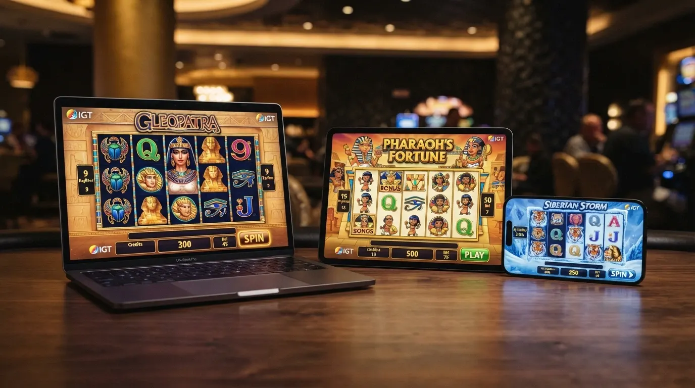 Tre schermate di slot IGT popolari in Italia — Cleopatra, Pharaoh's Fortune e Siberian Storm — affiancate in una vista galleria