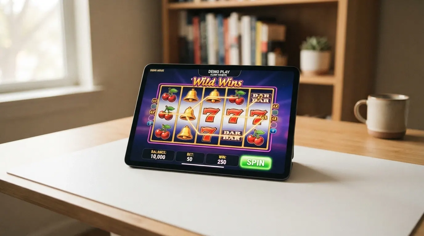 L'interfaccia di una slot machine in modalità demo con il saldo virtuale in evidenza, i pulsanti per regolare la puntata e il tasto per avviare i rulli
