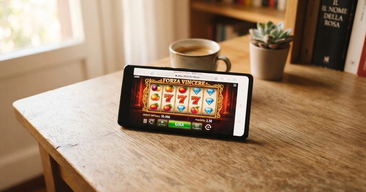 Un browser aperto su una slot machine colorata in modalità demo, con la scritta «crediti virtuali» visibile sullo schermo, nessun modulo di registrazione nella cornice