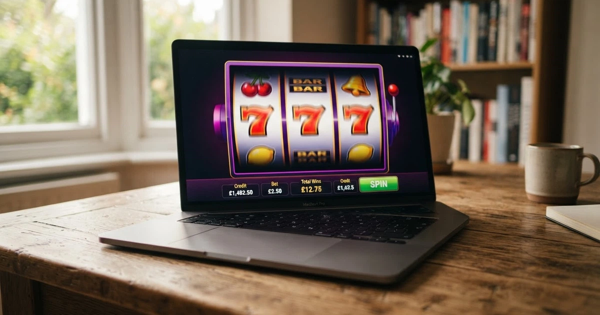 Una schermata di slot machine gratuita aperta nel browser di un computer portatile, con i rulli in movimento e il saldo in crediti virtuali visibile