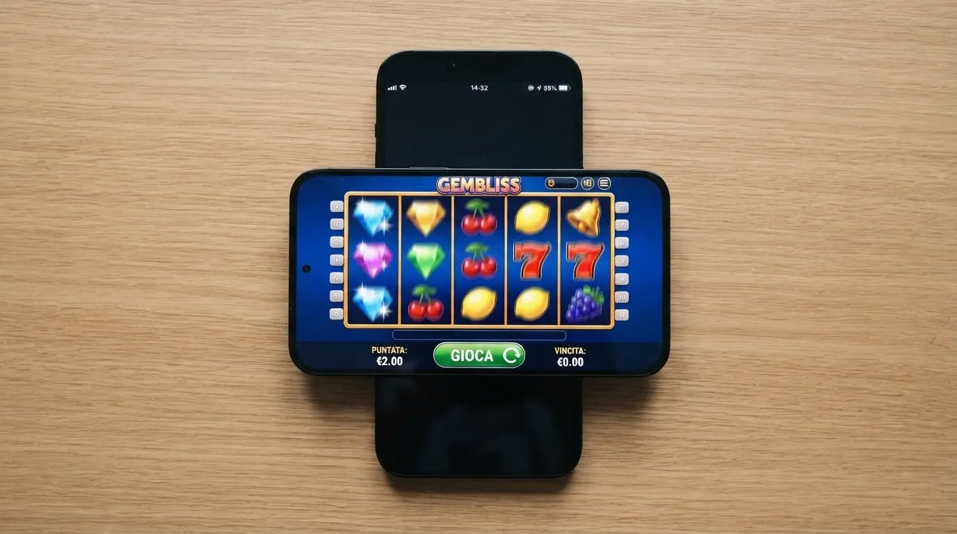 Una schermata di slot machine online con i rulli in movimento e l'interfaccia di un casinò con licenza ADM