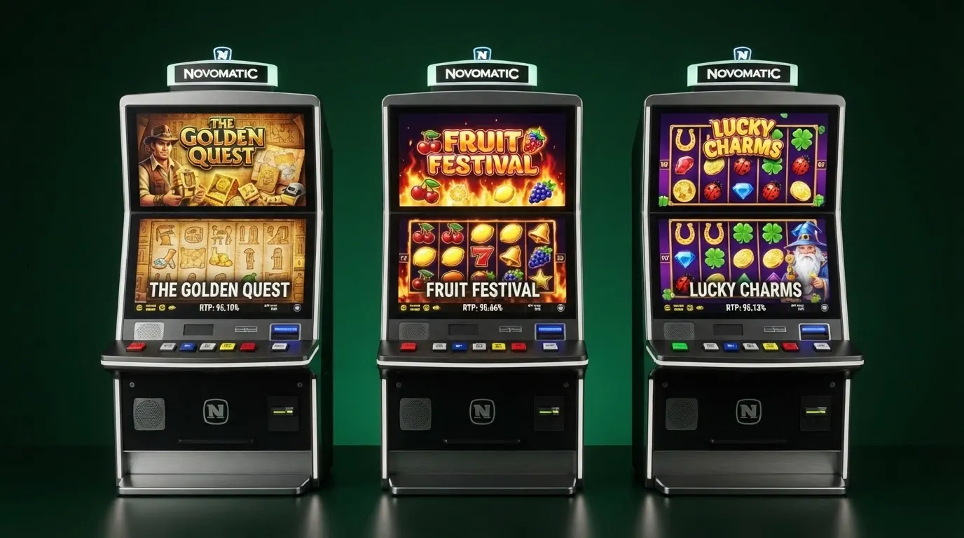 Le tre slot Novomatic più popolari — Book of Ra Deluxe, Sizzling Hot Deluxe e Lucky Lady's Charm Deluxe — affiancate con i rispettivi RTP in evidenza