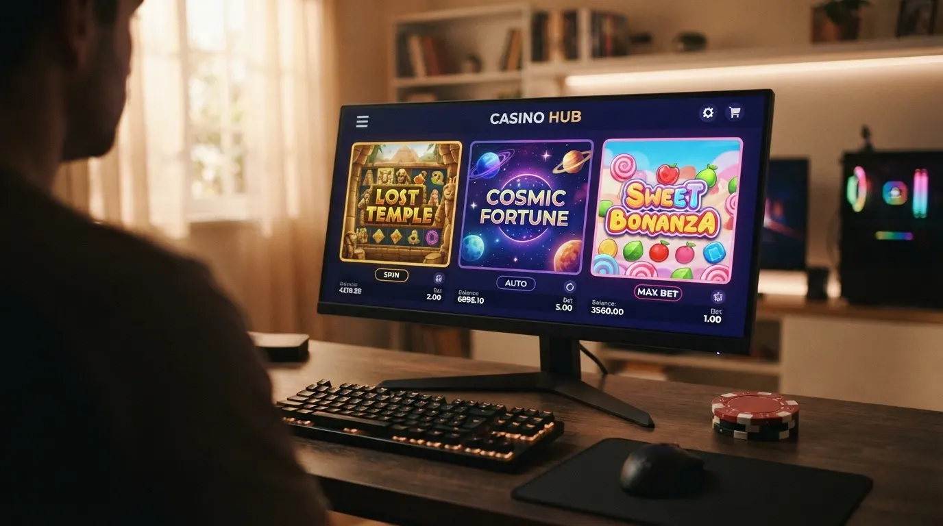 Una slot machine online con i rulli in movimento sullo schermo di un computer; in sovrimpressione i loghi di Book of Dead, Starburst e Sweet Bonanza
