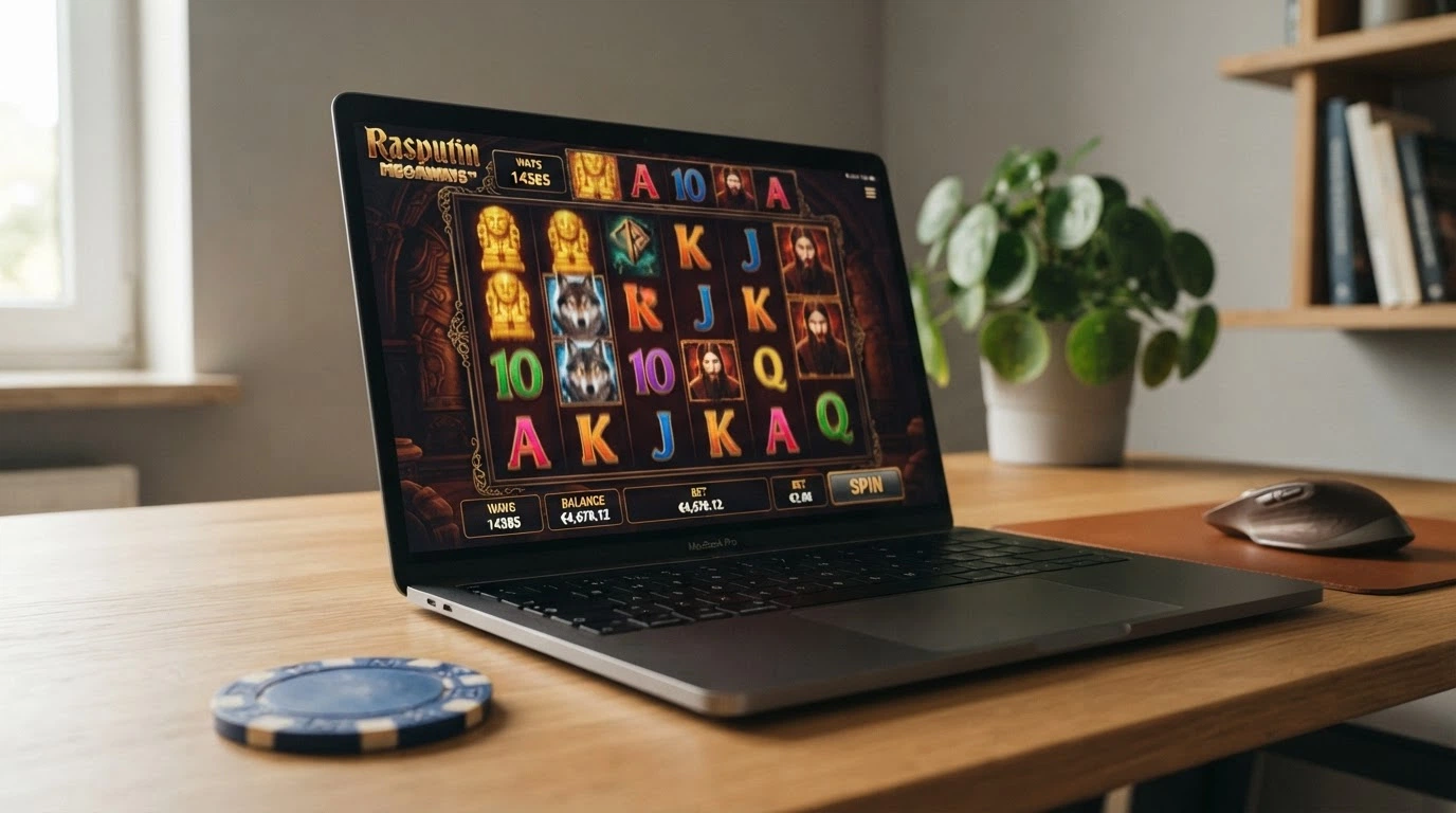 Una slot machine online con rulli colorati, simboli e l'interfaccia di gioco visibile sullo schermo di un computer