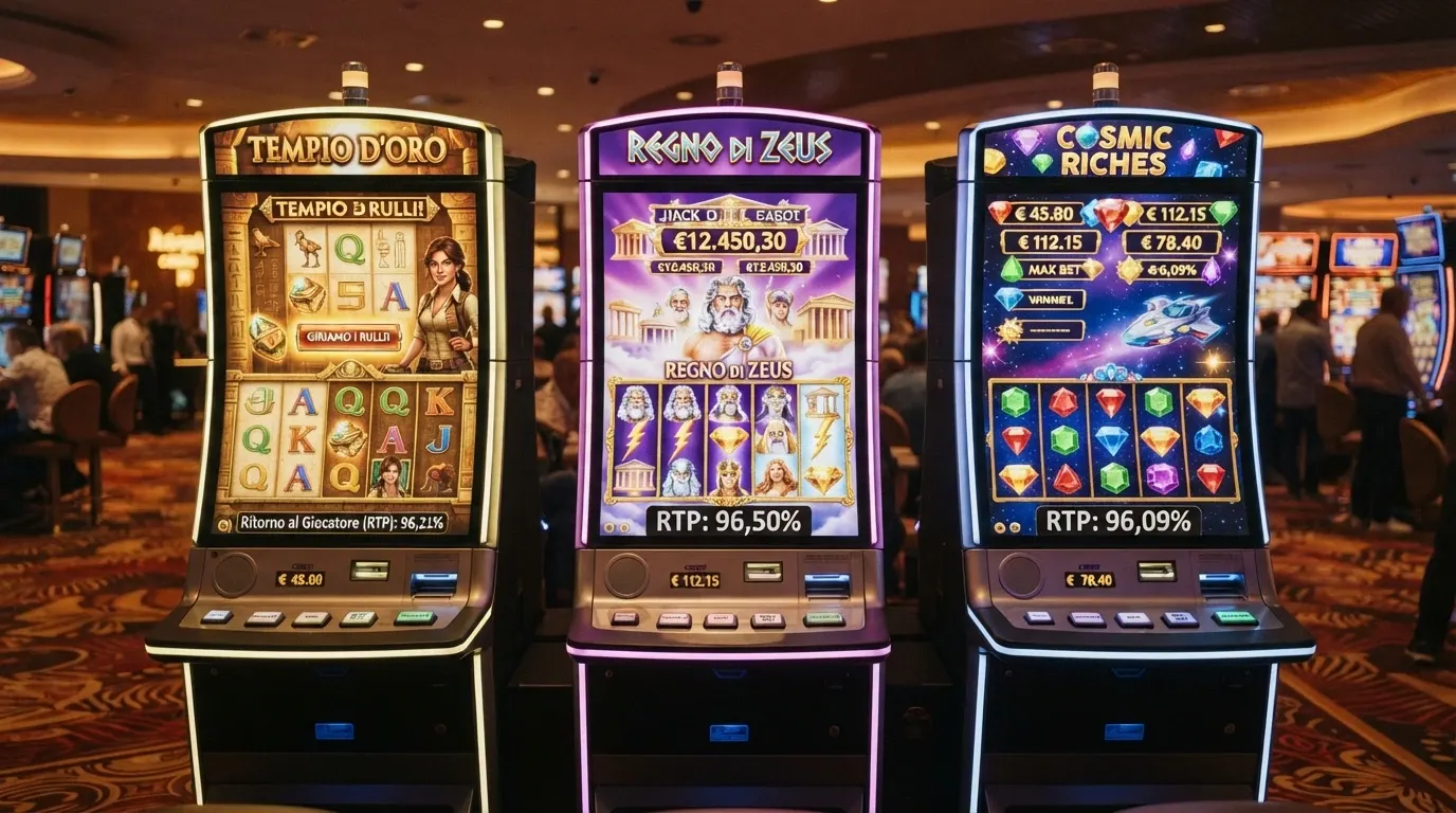 Tre slot machine — Book of Dead, Gates of Olympus e Starburst — affiancate in una schermata di gioco con i valori RTP in evidenza