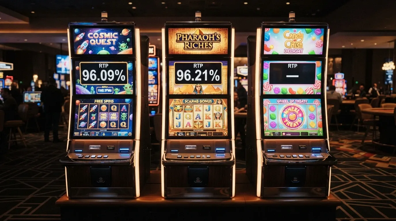 Tre slot machine affiancate — una a tema spazio (Starburst), una a tema egizio (Book of Dead) e una a tema dolci (Sweet Bonanza) — con i rispettivi valori RTP in sovraimpressione