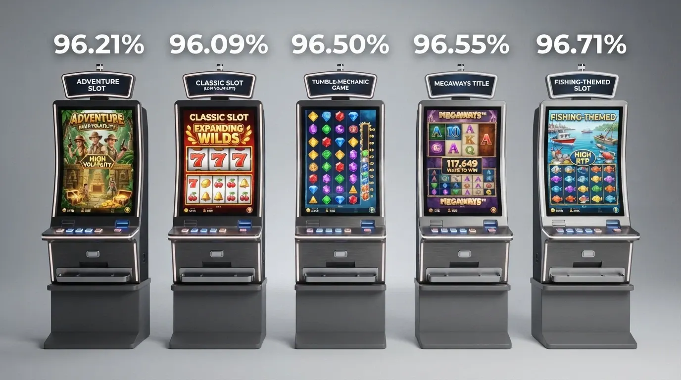Griglia di cinque slot machine affiancate — Book of Dead, Starburst, Gates of Olympus, The Dog House Megaways, Big Bass Bonanza — con i rispettivi valori di RTP in evidenza su ciascuna
