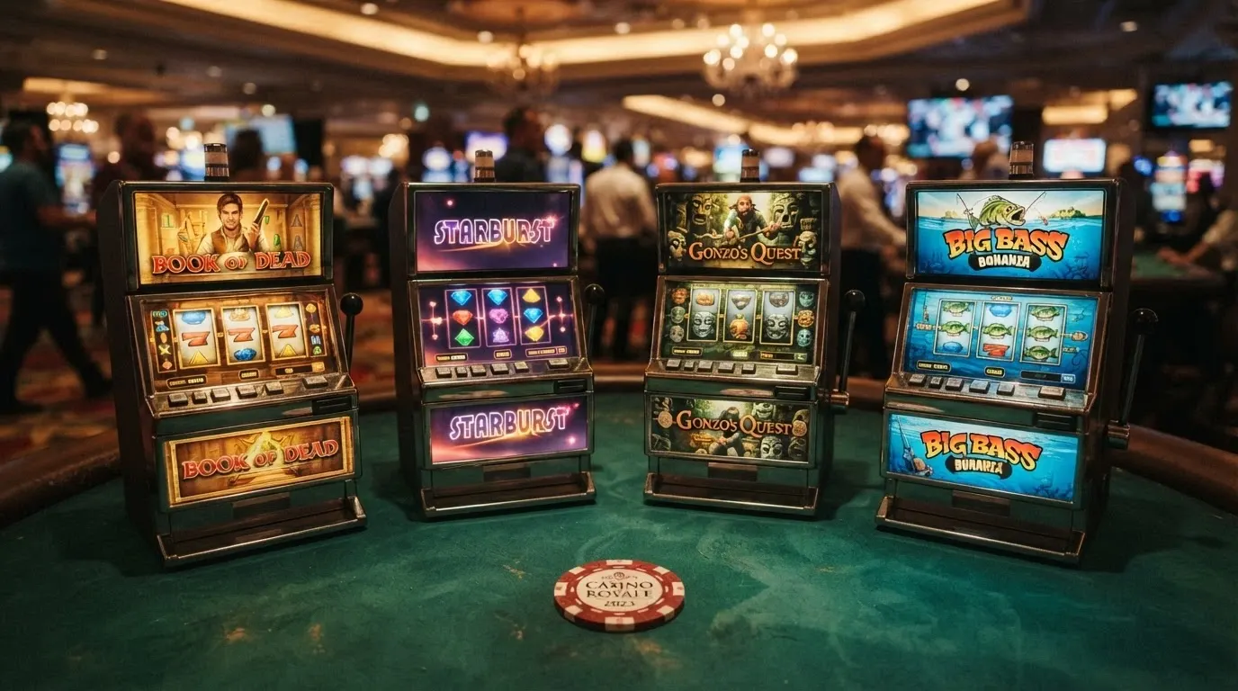 Una griglia con quattro slot machine affiancate — Book of Dead, Starburst, Gonzo's Quest, Big Bass Bonanza — e sotto ciascuna i dati di RTP e volatilità