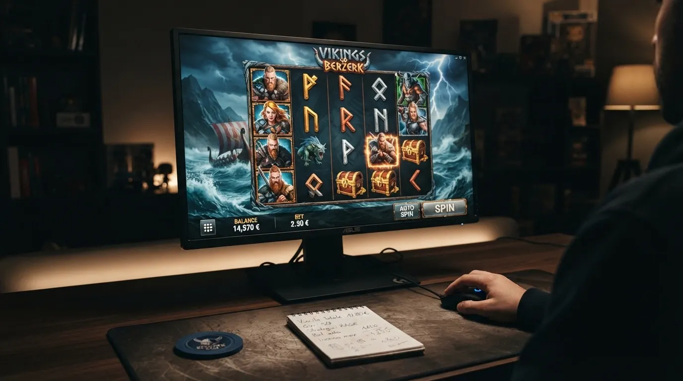 L'interfaccia di gioco di Vikings Go Berzerk con i rulli, i simboli dei vichinghi e il pannello delle puntate visibile