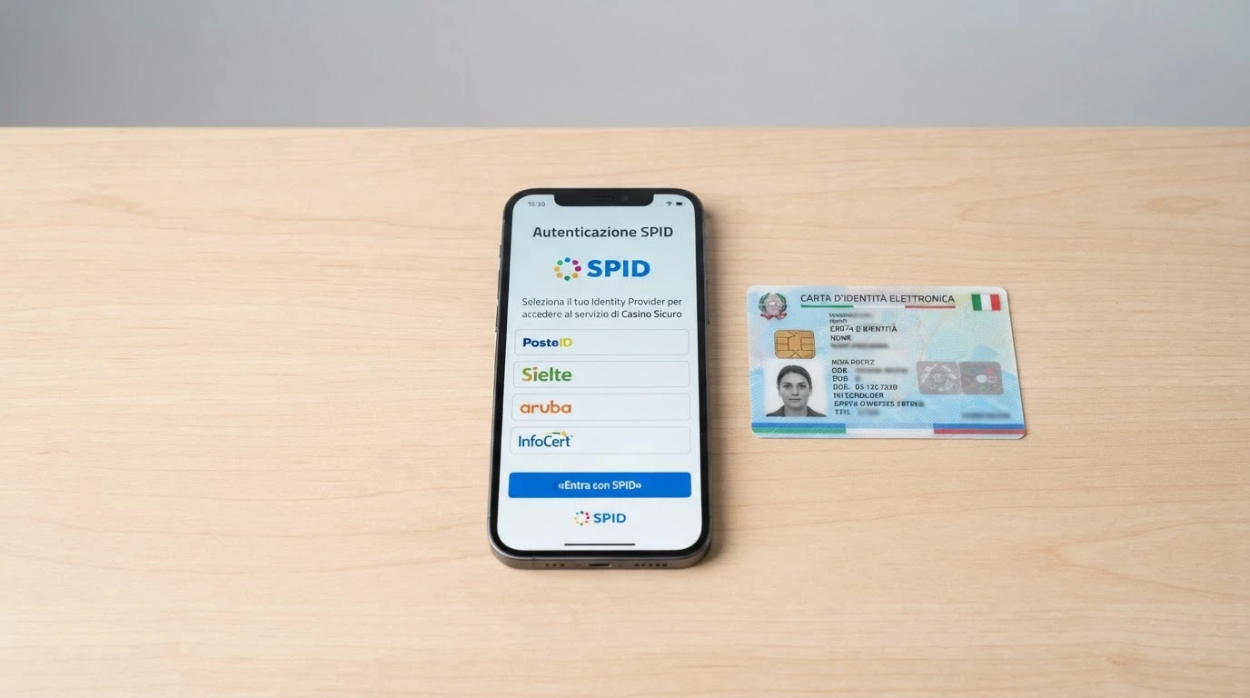 Uno smartphone che mostra la schermata di accesso SPID accanto a una Carta d'Identità Elettronica italiana appoggiata su una scrivania