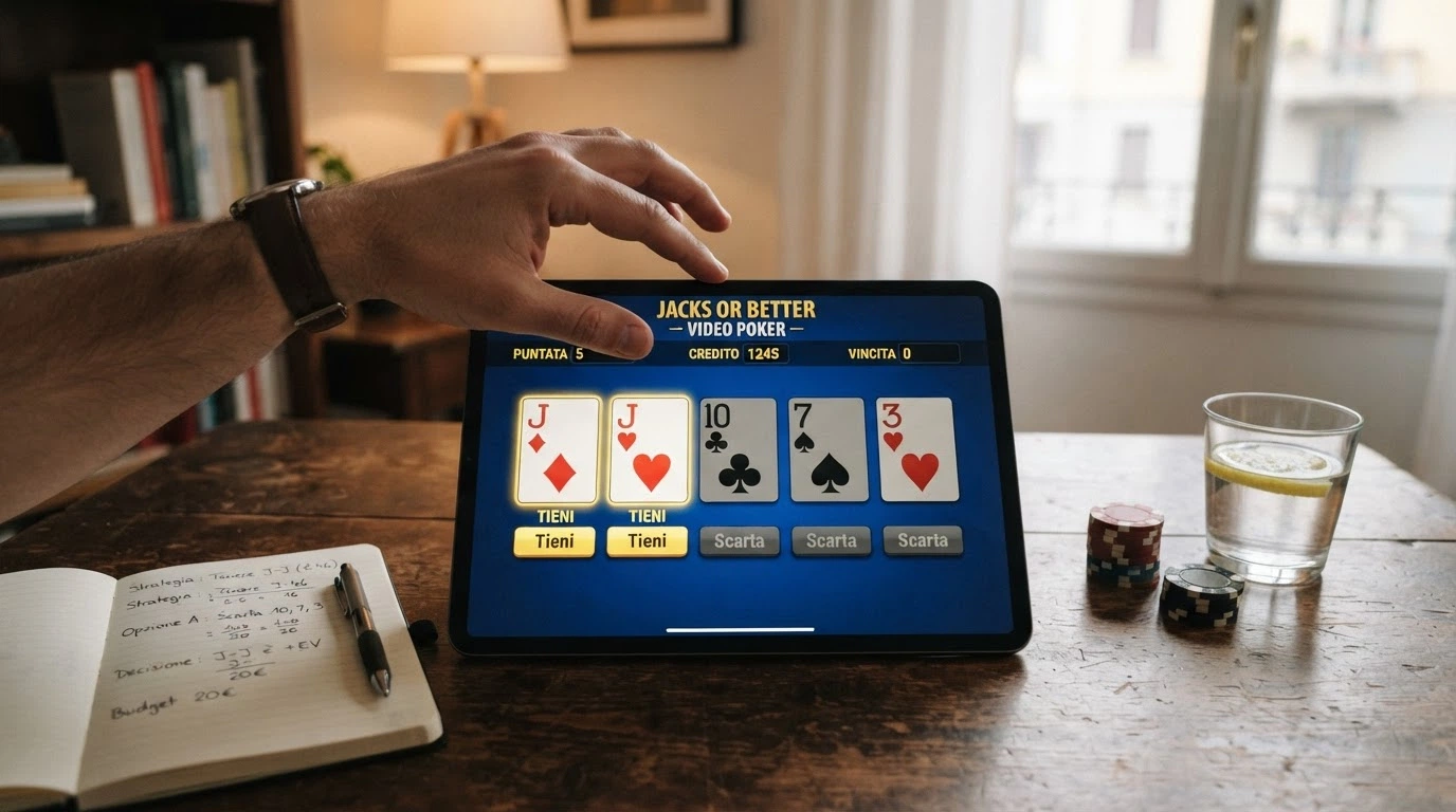 Una mano di Jacks or Better con due jack serviti e tre carte da cambiare, con una sovrimpressione che indica quali carte tenere secondo la strategia ottimale