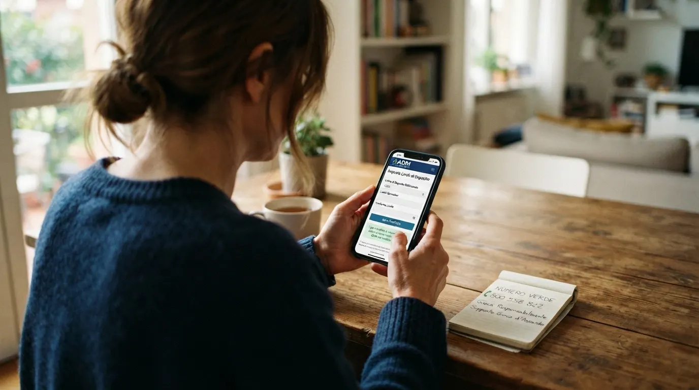 Uno smartphone con la schermata dell'area personale di un casinò ADM aperta sulla sezione limiti di deposito, con i campi di impostazione visibili; sulla destra un biglietto con il numero verde 800 558 822